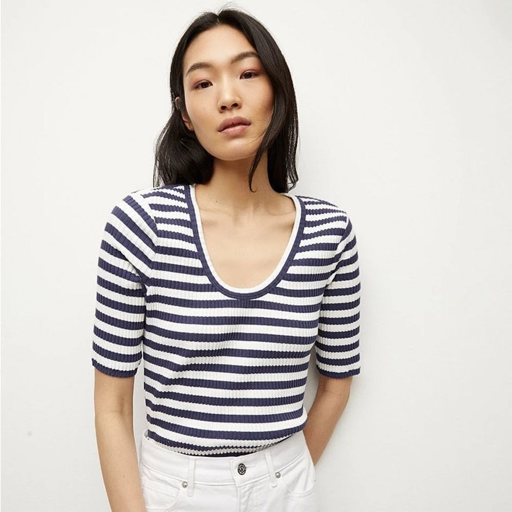 Veronica Beard Anafi Stripe Navy Blue White Knit Scoop-Neck Ribbed Tee Medium